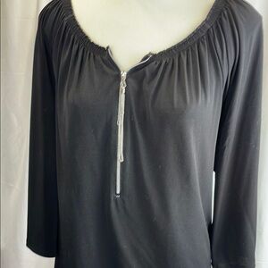Chico’s black Blouse with Ruched Neckline and Zipper